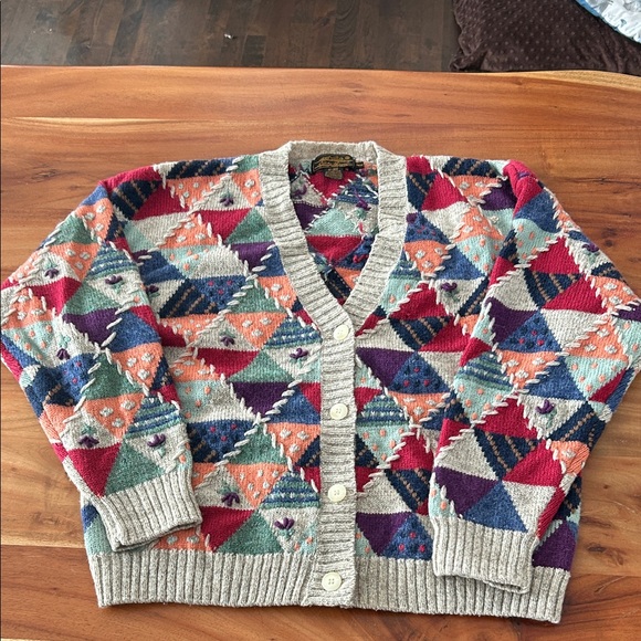 Eddie Bauer Sweaters - Eddie Bauer Vintage Wool Patchwork Cardigan in medium geometric shapes